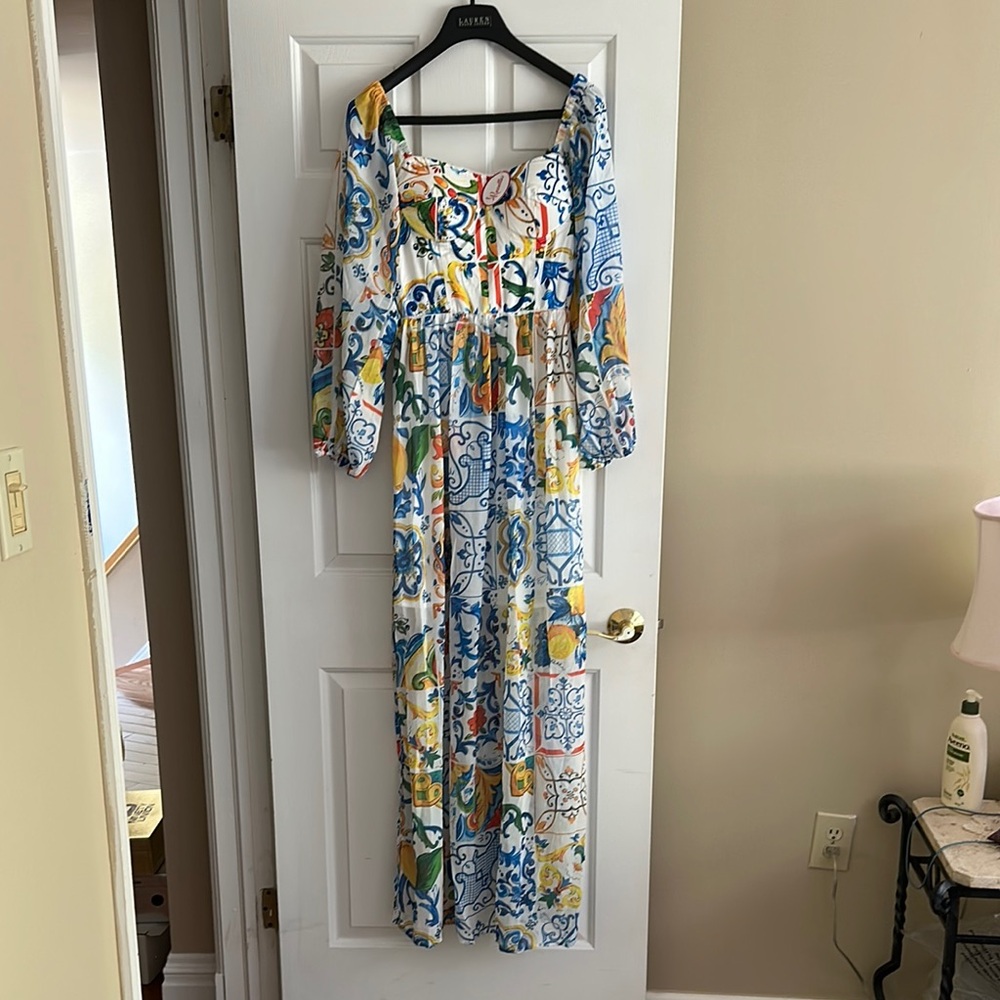 Blue and White Off-the-Shoulder Maxi Sundress